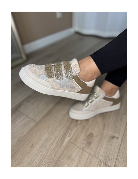 Basket VERA,  femme, scratchs pailletés, effet moumoute beige  